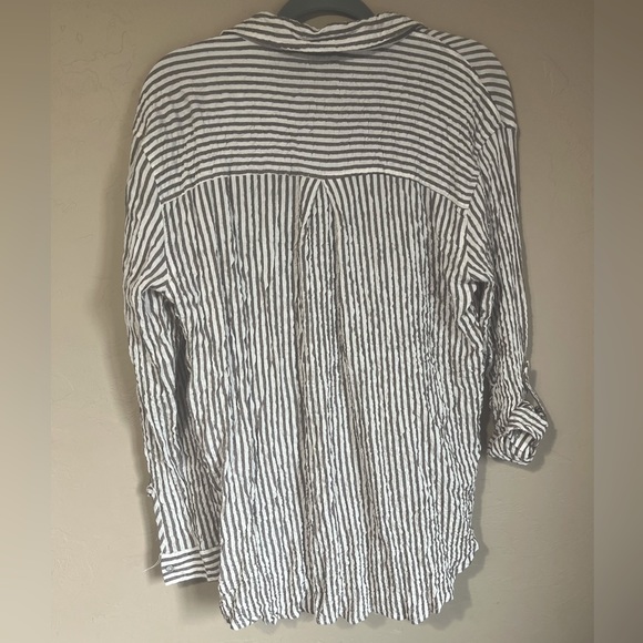 Flowy crinkle vertical striped button down long sleeve shirt brown/cream Lrg - Picture 3 of 14